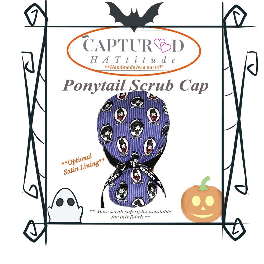 Womens Beetlejuice Movie Inspired Lydia Deetz Ponytail Scrub Cap, Handmade NWOT